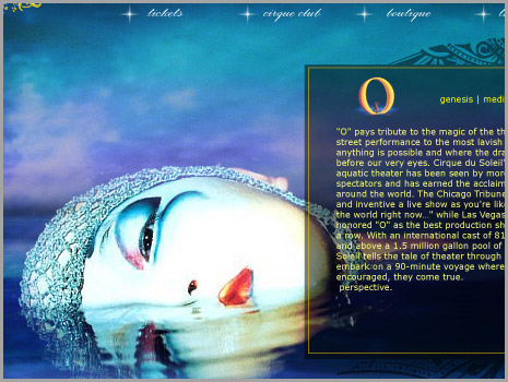 Cirque du Soleil, 2003 Website Pitch, detail of O page