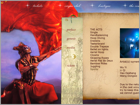 Cirque du Soleil, 2003 Website Pitch, detail of Dralion page