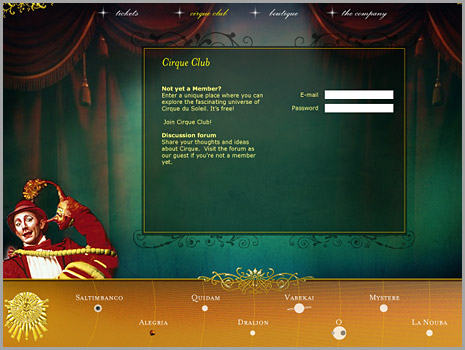 Cirque du Soleil, 2003 Website Pitch, detail of user interface
